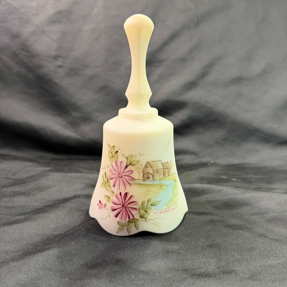 Fenton Custard Glass Musical Bell Hand Painted J Cutshaw Watermill Floral Poetic